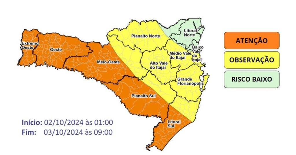 Defesa Civil emite alerta para temporais em Santa Catarina entre quarta e quinta-feira