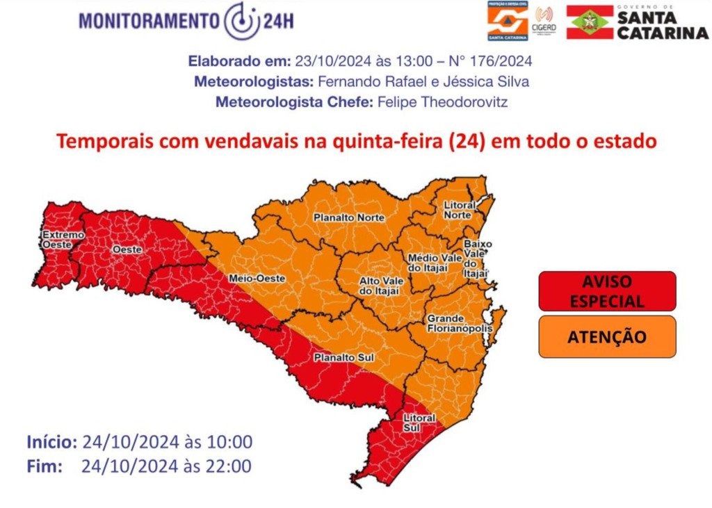 Defesa Civil emite alerta para temporais com vendavais em Santa Catarina