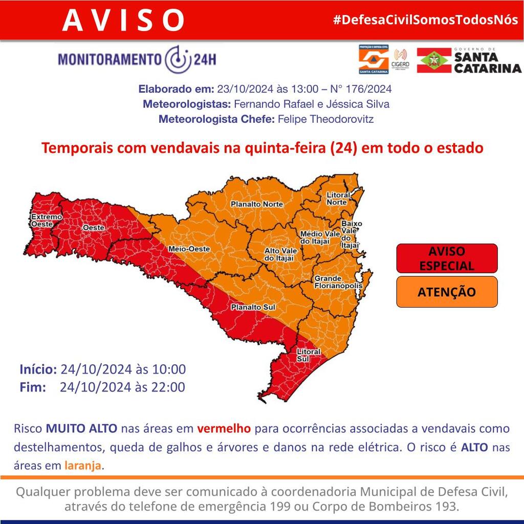 Defesa Civil alerta para temporais e vendavais em SC nesta quinta-feira