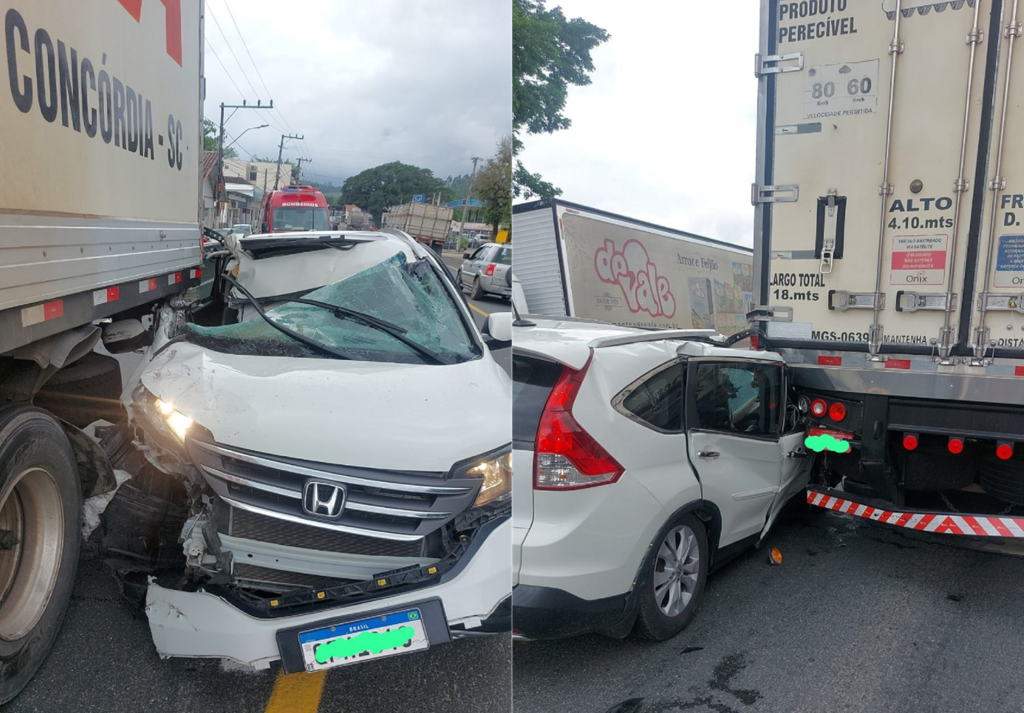 Colisão entre carro e caminhão na BR-470 deixa condutora ferida