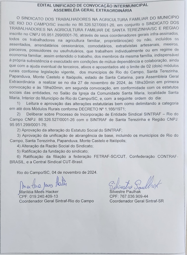 Edital de convocação do Sindicato dos Trabalhadores na Agricultura Familiar de Rio do Campo