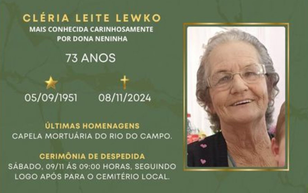 Nota de Falecimento: Cléria Leite Lewko, aos 73 anos