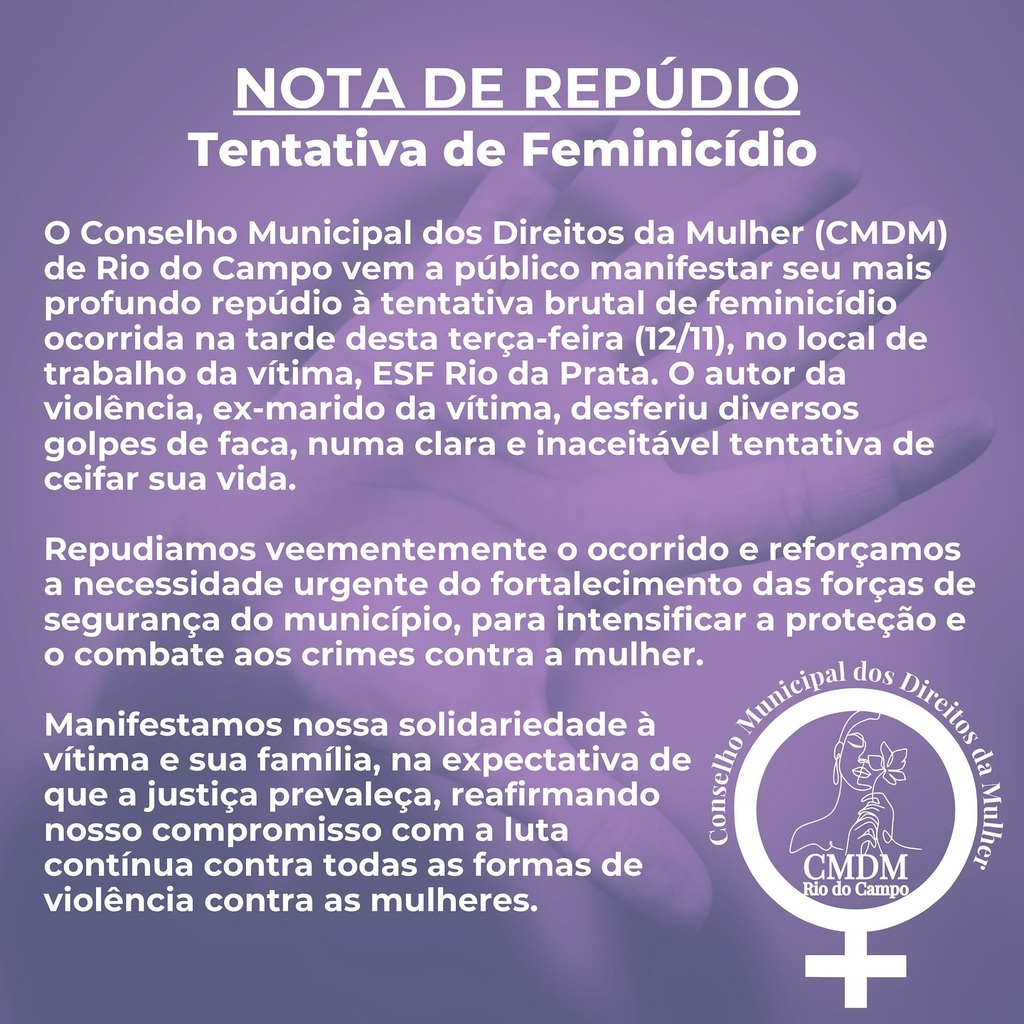 Conselho Municipal dos Direitos da Mulher de Rio do Campo emite nota de repúdio após tentativa de feminicídio