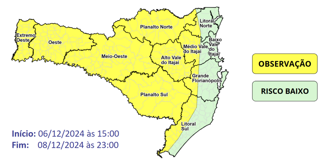 Defesa Civil alerta para risco de temporais em SC neste final de semana