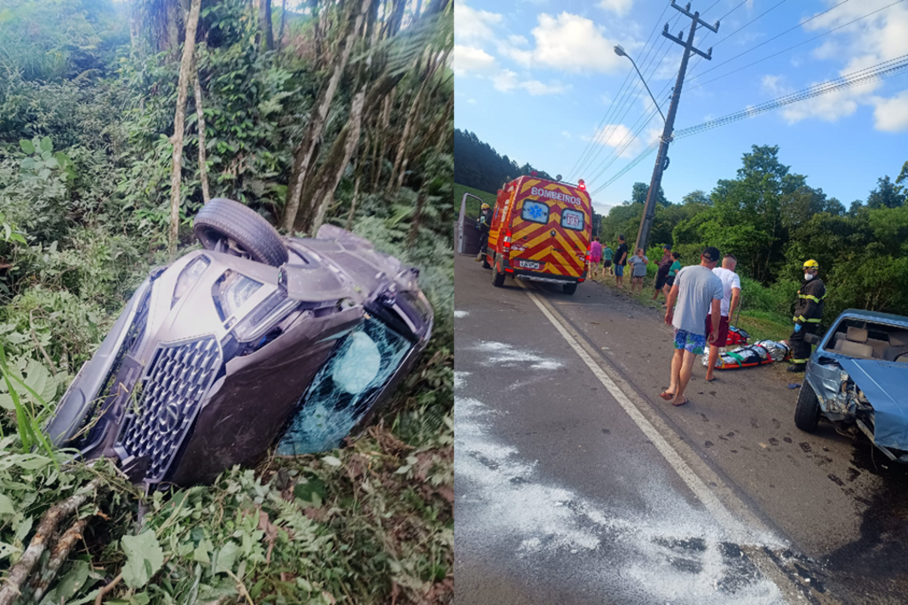 Colisão frontal seguida de capotamento deixa feridos na BR-470, em Pouso Redondo