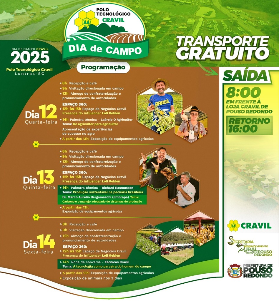 Produtores de Rio do Campo terão transporte gratuito para o Dia de Campo Cravil 2025